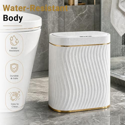 Bathroom Small Trash Can with Automatic Touchless Lid, 2.6 Gallon Smart Garbage Can Narrow Waterproof Trash Bin for Bedroom, Office, Living Room - color: 2.6 gallon-Gold white