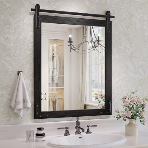 Farmhouse Bathroom Mirror, 24"x32" Black Rustic Bathroom Mirrors | HD glass, solid wooded framed, rectangle, explosion-proof, barn door style, anti-rust, for bathroom/bedroom/entryway - color: Black, size: 24"L x 32"W