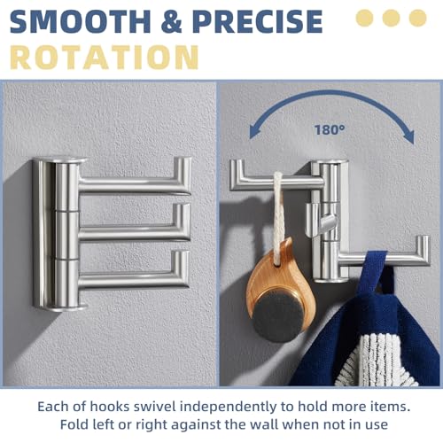3-Arm Swivel Towel Hook, Brushed Nickel, 304 Stainless Steel | Individually Adjustable 180° Arms, Fold-Flat Wall Storage, Raised End Stops, Robes, Bags & Towels, Bathroom & Closet Use - color: Brushed Nickel, size: 1 Pack