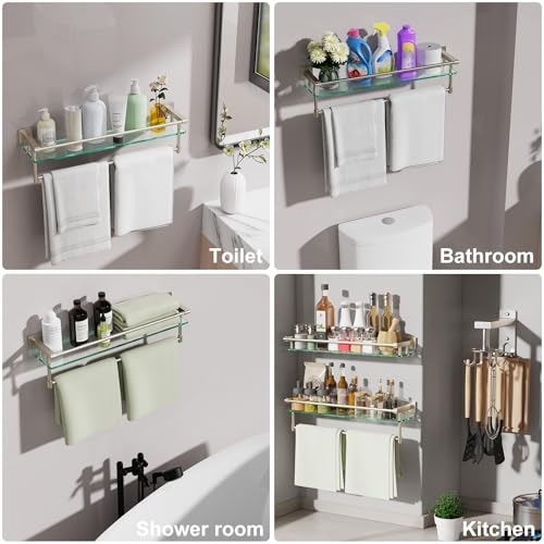 24-Inch Modern Wall-Mounted Bathroom Glass Shelf with 1 Shelf, Brushed Nickel, 1 Towel Bar, 45 lbs Weight Capacity - color: Brushed Nickel, size: 24-inch with Railing