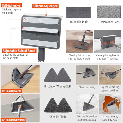 86" Baseboard Cleaner Tool with Handle,Wall Cleaner Tool with Long Handle, Ceiling Mop with Squeegee,Triangle Mop with 8 Replacement Pads for Baseboards Cleaning, Ceiling, Wall, Floor, Shower