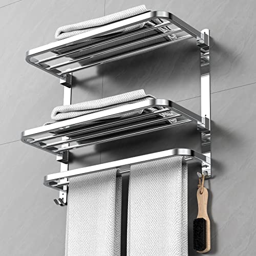 CAXIMSY 22.8Inch Towel Rack for Bathroom and Lavatory Towel Hanger with Wall Mount Towel Bars 304 Stainless Steel No Drill (Collapsible Towel Rack) - color: Collapsible Towel Rack With Double Shelves