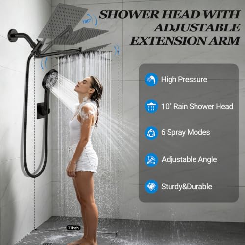 Shower Head,10”Rain Shower Head with Handheld Spray Combo with 11'' Angle Adjustable Extension Arm/Flow Regulator/Shower System,High Pressure Rainfall Shower Head Clean Bathroom,Matt Black - color: Black, size: 10 Inch