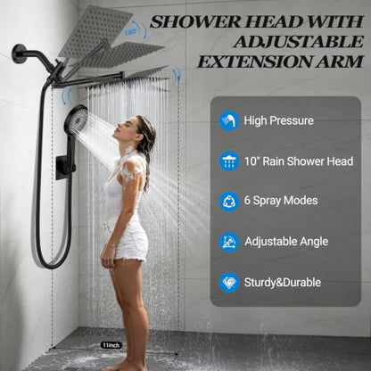 Shower Head,10”Rain Shower Head with Handheld Spray Combo with 11'' Angle Adjustable Extension Arm/Flow Regulator/Shower System,High Pressure Rainfall Shower Head Clean Bathroom,Matt Black - color: Black, size: 10 Inch