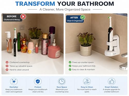 Perlin Electric Toothbrush Holder Wall Mount No Drilling Self Adhesive Toothbrush Organizer Charging Base Stand Waterproof Space Saving Bathroom Storage White