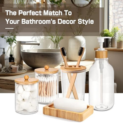 Bamboo Bathroom Accessory Set 5 Pcs, Boho Bathroom Accessories Sets Complete, Clear Bath Soap Dispenser and Toothbrush Holder Set, Soap Dish, Cotton Swab Jar, Boho Organizer - color: Clear