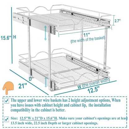OCG 2 Tier Pull Out Cabinet Organizer (12.5" W x 21" D), Pull Out Drawers for Kitchen Cabinets, Pull Out Shelves for Base Cabinet Organization in Kitchen Bathroom Pantry, Chrome Finish - size: 12.5"W x 21"D, 2 Tier