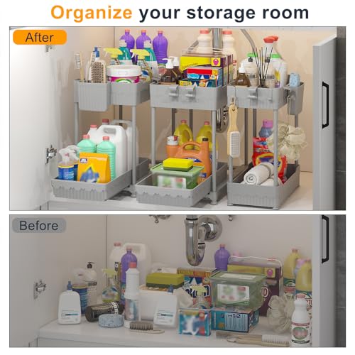 3 Pack Under Sink Organizers, 2-Tier Multi-Use Kitchen and Bathroom Organizers and Storage with Sliding Drawers, Bathroom Cabinet Organizer (Gray, 14.8 Inch) | Multi-use kitchen & bathroom storage, 14.8 inch gray cabinet organizer, space-saving sliding dr