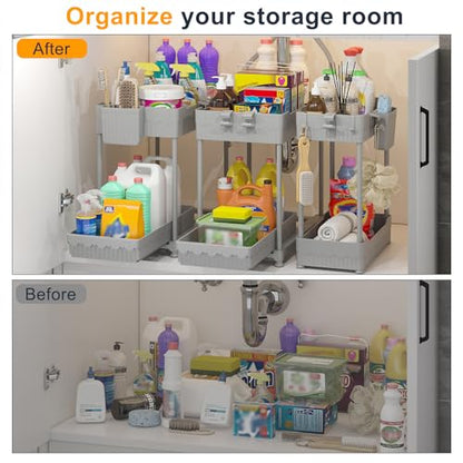 3 Pack Under Sink Organizers, 2-Tier Multi-Use Kitchen and Bathroom Organizers and Storage with Sliding Drawers, Bathroom Cabinet Organizer (Gray, 14.8 Inch) | Multi-use kitchen & bathroom storage, 14.8 inch gray cabinet organizer, space-saving sliding dr