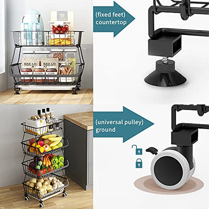 Metal Wire Baskets with Wheels, Stackable Storage Bins Kitchen Organizer Shelf 3-4-5-6 Tier Fruit Vegetable Cart Dishes Seasonal Rack Shelves for Garage, Pantry, Bathroom - size: 4 Tier without Slide Drawer