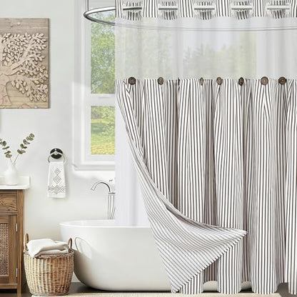 ASPMIZ Farmhouse Striped Shower Curtain and Liner Set No Hook, Brown 71x86 | No Hook Shower Curtain with Snap in Liner Fabric, Rustic Washable Waterproof Bathroom Curtains with Button, Mesh Top Window - color: Brown Striped, size: 71"W x 86"L (Pack of 1),