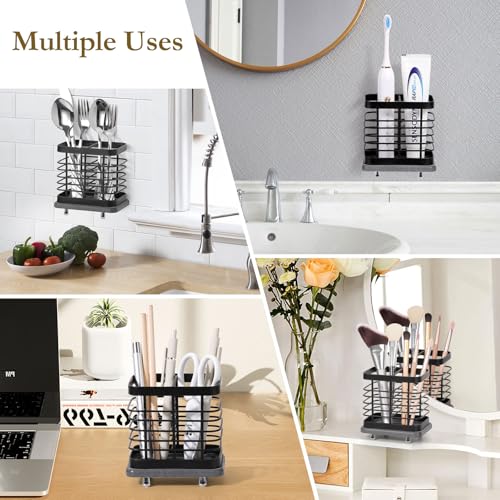 Shinowa Toothbrush Holder Wall Mounted for Bathroom 2 Slots | Stainless Steel Electric Toothbrush Toothpaste Holder with Fast Dry Tray, Adhesive and Countertop Bathroom Accessories - color: Black