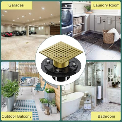 4 Inch Square Shower Floor Drain with Flange and Hair Strainer | SUS304 Stainless Steel, Anti-Clog, Brushed Gold Shower Drain with Hair Catcher, Removable Grid Drain Cover, For Bathroom - color: Brushed Gold