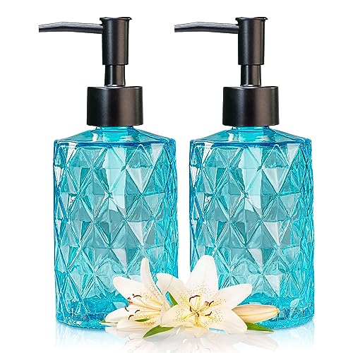 Clear Ocean Blue Glass Soap Dispenser with Plastic Pump, 2 Pack 12oz Diamond Design Bathroom Soap Dispenser for Hand Wash, Lotion Dispenser & Dish Soap Dispenser for Kitchen and Bathroom - color: Diamond Blue