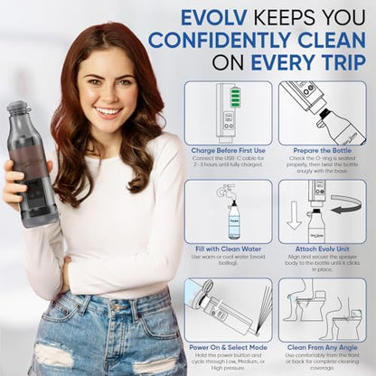 BIDET BUDDY® Evolv Portable Travel Bidet for Men & Women, 530mL - Silver | Self-Cleaning Retractable Nozzle, 1100mAh Rechargeable, USB-C Charging, IPX7 Waterproof with LED Display, 3 Water Flow Modes