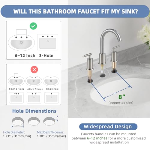 VXV Brushed Nickel Bathroom Faucet 3 Hole Widespread with Easy Installation, 2-Handle 8 Inch Bathroom Sink Faucet 360° Swivel Spout, Pre-Attached Hoses & Drain Included, Vanity Faucet for Bath Sink - color: Sleek Brushed Nickel