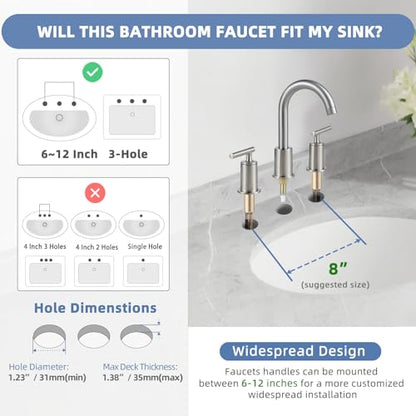 VXV Brushed Nickel Bathroom Faucet 3 Hole Widespread with Easy Installation, 2-Handle 8 Inch Bathroom Sink Faucet 360° Swivel Spout, Pre-Attached Hoses & Drain Included, Vanity Faucet for Bath Sink - color: Sleek Brushed Nickel