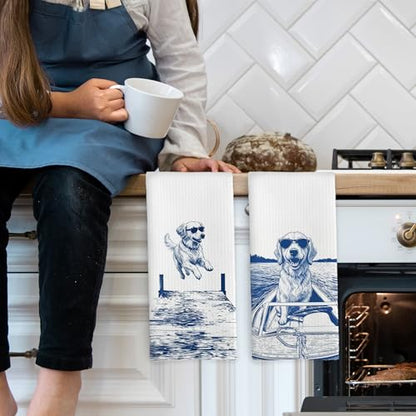 Lake House Decor Golden Retriever Kitchen Towels Set of 2, Summer Funny Lake Dog Coastal Bathroom Hand Towel, Dog Lover Gifts Tea Towel Dish Towels 16x24 Inch - color: Golden Retriever
