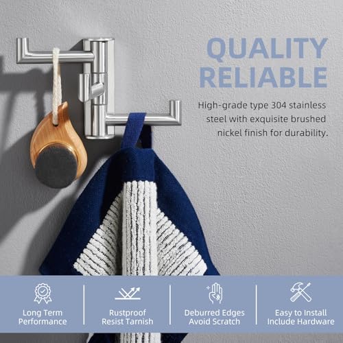 Angle Simple Swivel Towel Hook 3 Arms, Robe Coat Wall Hook, Brushed Nickel | Solid SUS304 Stainless Steel, Hand Towel Holder for Bathroom Shower Kitchen, Fold Flush to the Wall, Screws Mounted - color: Brushed Nickel, size: 1 Pack