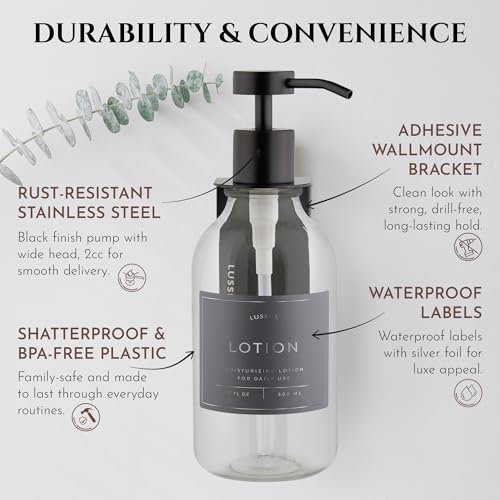 Shower Shampoo Dispenser Wall Mounted – 3 Refillable 16.9 oz Clear Bottles with Stainless Steel Pumps & No-Drill Adhesive Holders – Soap Dispenser Set for Bathroom (3 X Clear/Black) - color: 3 X Clear/Black