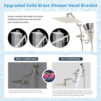 Hibbent All Metal CUPC Certified 12'' Rainfall Shower Head, Dual Shower Head Combo, High Pressure Handheld 4 Sprays Shower Wand, 16'' Adjustable Extension Arm, 71'' Hose, Shower Holder, Brushed Nickel - color: Brushed Nickel, style: Square 12''