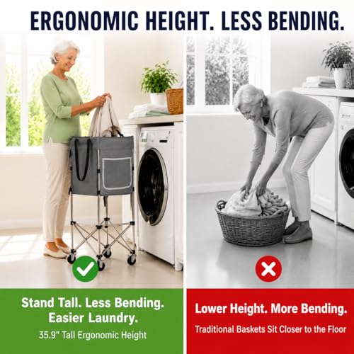 Laundry Basket with Wheels, 35.9" No-Bend Rolling Hamper, Grey | 600D washable bag, steel frame, foldable design, bathroom, dorm, bedroom, laundry room - color: Grey
