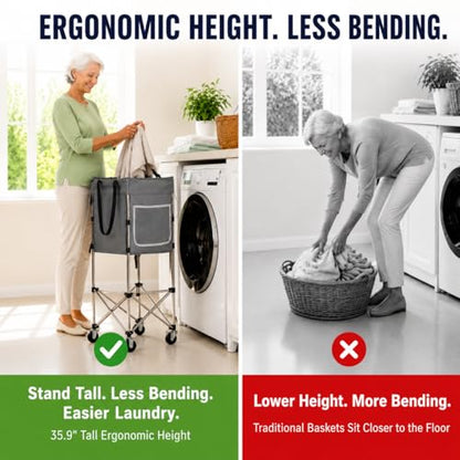 Laundry Basket with Wheels, 35.9" No-Bend Rolling Hamper, Grey | 600D washable bag, steel frame, foldable design, bathroom, dorm, bedroom, laundry room - color: Grey