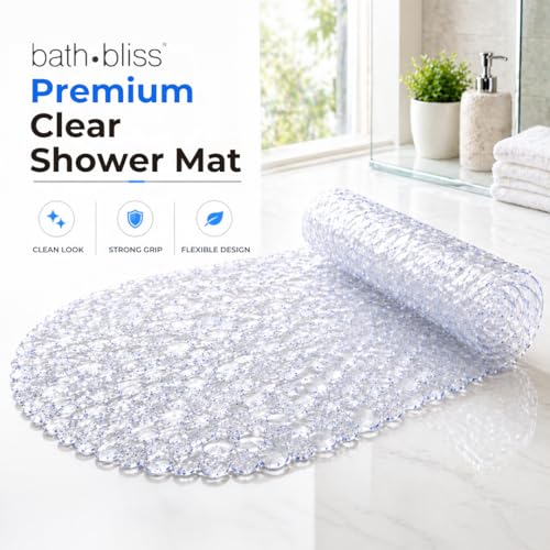 Bath Bliss Non-Slip Pebble Bathtub Mat 18x36 Oval Clear Color | Suction Cup Shower Mat with Drain Holes | Machine Washable Anti-Slip Tub Mat - color: Clear