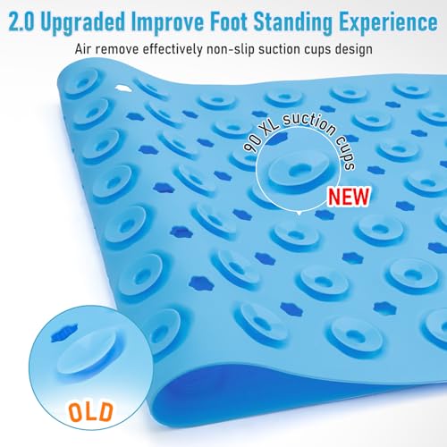 Silicone Anti Slip Bathtub Mat Bath Shower Non-Slip 35x16 for Standard Tub Kids for Elderly Safety Large Thick with Sensory Acupressure Textured Strong Suction Cups & Drain Holes Easy Clean & Dry - color: Blue