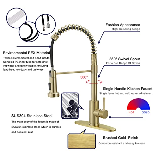 VOTON Kitchen Faucets with Pull Out Sprayer Commercial Spring Sink Faucet Stainless Steel Brushed Gold Pull Down Single Handle Farmhouse faucets with Deck Plate for Camper Laundry Utility Rv Wet Bar - color: Brushed Gold