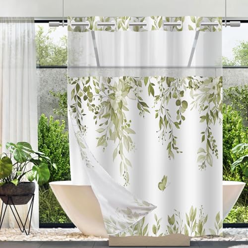 No Hook Shower Curtain and Liner Set, Beige Eucalyptus 71x84 | Floral Design, with Snap in Liner, See-Through Top Window, Waterproof, Machine Washable, Quick-Drying, for Hotel Bathroom - color: Beige, size: 71"W x 84"L (Pack of 1)