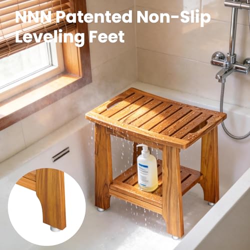 NNN 18" Standard Teak Shower Bench with Japan-Made Non-Slip Leveling Feet | US Patented Design, Marine-Grade Hardware, Pre-Oiled European Teak Oil, Ready, 300lb, for Standard Tubs Showers & Outdoor Use - size: 18"W x 12" Dx 18"H