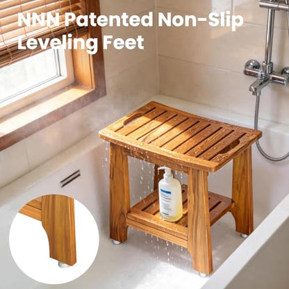 NNN 21" Standard Teak Shower Bench with Japan-Made Non-Slip Leveling Feet | US Patented Design, Marine-Grade Hardware, Pre-Oiled European Teak Oil, Ready, 300lb, for Showers Spa Sauna & Outdoor Pools - size: 21"W x 13" Dx 18"H