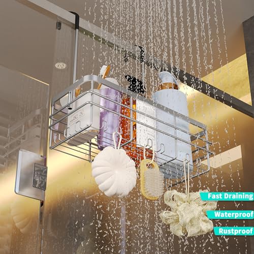 HapiRm Hanging Shower Caddy Organizer - No Drilling Shower Organizer with Hooks, Rustproof & Waterproof 304 Stainless Steel Bathroom Shelves - Silver (1 Basket) - color: Silver-1 Basket