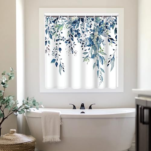 Blue Eucalyptus Shower Window Curtain for Bathroom 40x36 Inch | Waterproof Small Short Watercolor Bathroom Window Curtain with Hooks, Soft and Lightweight, Machine Washable - color: Blue, size: 40"W x 36"L (Pack of 1)