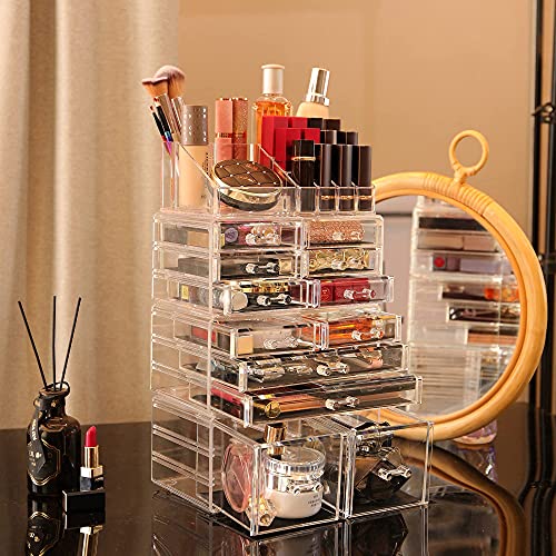 Cq acrylic 4 Pack Clear Makeup Organizer Countertop,Stackable 12 Drawers Skincare Organizer,Cute Skin Care Organizer for Vanity Hair Clip,Jewelry,Beauty Product Desk and Make Up Organizers for Vanity - size: 12 Drawers