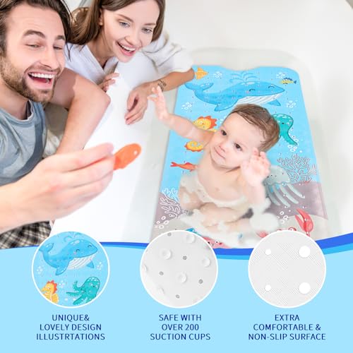 PRATIQUE Kids Bath Mat for Tub Non Slip，40 X 16 Inch Extra Long Kids Bathtub Mat Ocean Bathtub Shower Mat Safety Anti Slip with Suction Cups and Drain Holes, Machine Washable（Blue Whale） - color: Blue Whale