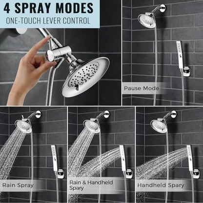 G-Promise Solid Metal High-Flow Shower Diverter Valve (Chrome) | High Water Output, 4 Spray Modes with Pause Mode, Anti-Leak, Use Separately or Both, Easy Install, Universal Replacement - color: Chrome