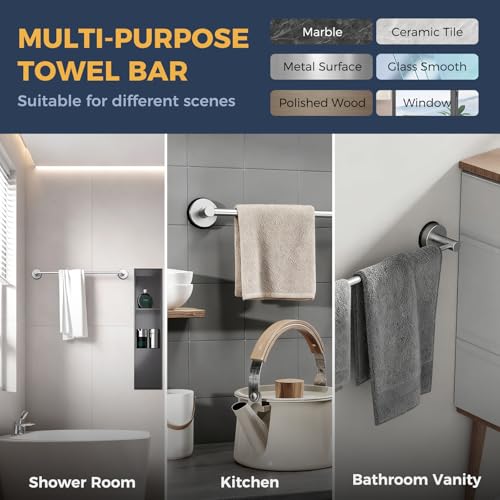14.6inch~24inch Towel Racks for Bathroom,Adjustable Suction Cup Towel Bar for Bathroom Wall,Stainless Steel Bath Towel Holder for Shower(Brushed Silver) - color: Silver