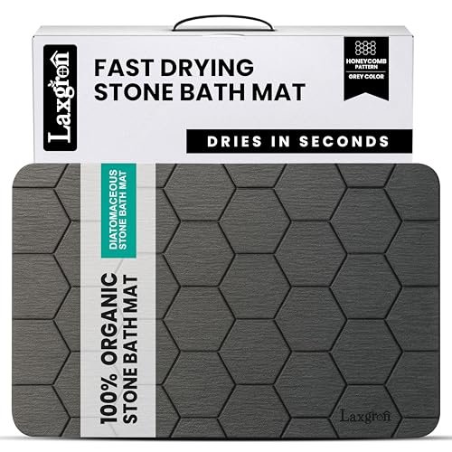 Stone Bath Mat - Premium Instant Absorption Natural Diatomaceous Earth Shower Mat 24"x16", Anti-Mold - Non-Slip Design, Ultra-Fast Drying Bathroom Floor Mat with Honeycomb Pattern, Gray