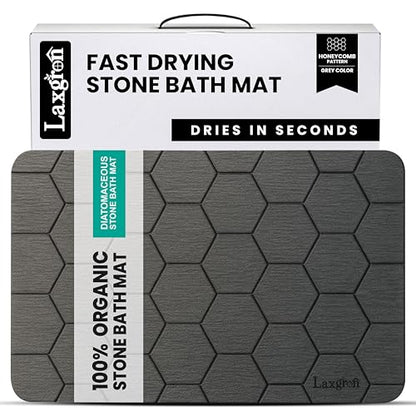 Stone Bath Mat - Premium Instant Absorption Natural Diatomaceous Earth Shower Mat 24"x16", Anti-Mold - Non-Slip Design, Ultra-Fast Drying Bathroom Floor Mat with Honeycomb Pattern, Gray