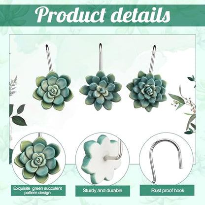 12 Pcs Succulents Plants Decorative Cute Shower Curtain Hooks Mini Succulents Green Shower Curtain Rings Bulk Hanger Stainless Steel Resin Plant Theme Hooks for Bathroom Bedroom Home Decor - style: Succulents Plant