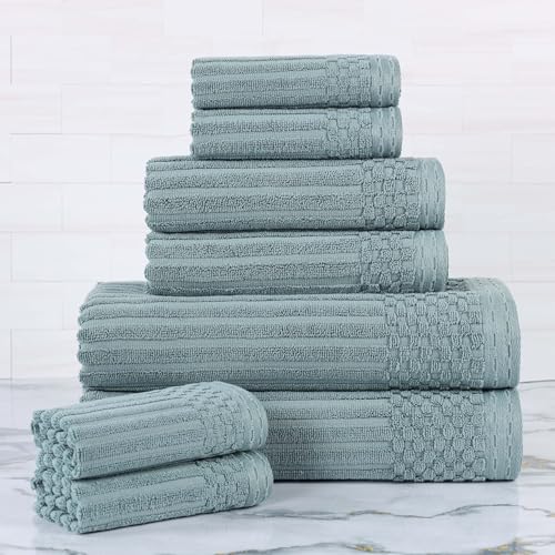 Superior Cotton 8-Piece Solid and Ribbed Towel Set, Face Towels 13” x 13”, Hand Towels 16” x 28”, Bath Towels 27” x 54”, Basil - color: Basil, size: 8 Piece Towel Set