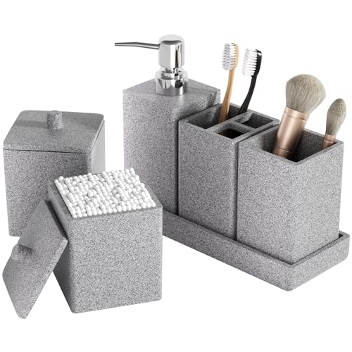 Gray Bathroom Accessories Set Resin 6PCS, Square Toothbrush Holders Set Complete with Soap Dispenser, Vanity Tray, Tumbler, Cups and Cotton Swab Jars for Counter, Sink or Small Spaces - color: Gray