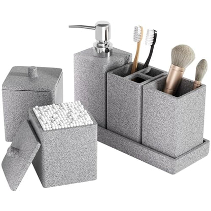 Gray Bathroom Accessories Set Resin 6PCS, Square Toothbrush Holders Set Complete with Soap Dispenser, Vanity Tray, Tumbler, Cups and Cotton Swab Jars for Counter, Sink or Small Spaces - color: Gray
