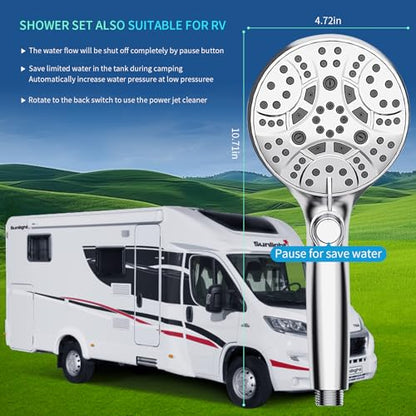 RV Shower Head with Hose, Shower Head with Handheld, 10 Modes High Pressure Shower Heads for Home/RV/Camper/Travel Trailer, Handheld Shower Head Holder and Extra Long 5ft Stainless Steel Hose