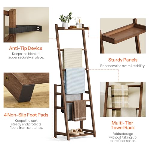 HOOBRO Blanket Ladder, 3-Tier Towel Rack, Bamboo Blanket Rack, Blanket Stand, Blanket Ladders for Bedroom, Quilt Ladder for Living Room, Bedroom, Decorative Display Ladder Shelf, Mocha MA124CJ01