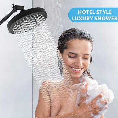 High Pressure Rain Shower Head with 11'' Extension Arm - High Flow Rainfall Showerhead - Luxury Modern Look - Pressure Boosting (Round, Matte Black) - color: Matte Black, style: 6" Round