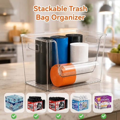 2-Pack Trash Bag Holder Dispenser with Bamboo Lid | Stackable Dispenser, Clear Plastic Organizer for Under Sink, Kitchen, Pantry, Laundry Room, Fits 13, 30, 33 Gallon Bags - size: 2 Pack