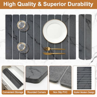 3 Large Stone Drying Mat for Kitchen Counter Black Quick Dry Stone Dish Mat | Diatomaceous Earth Dish Drying Pad for Kitchen Sink Foldable Diatomite Absorbent Tray Countertop Dishes Drainer Mats - color: Gray Marble